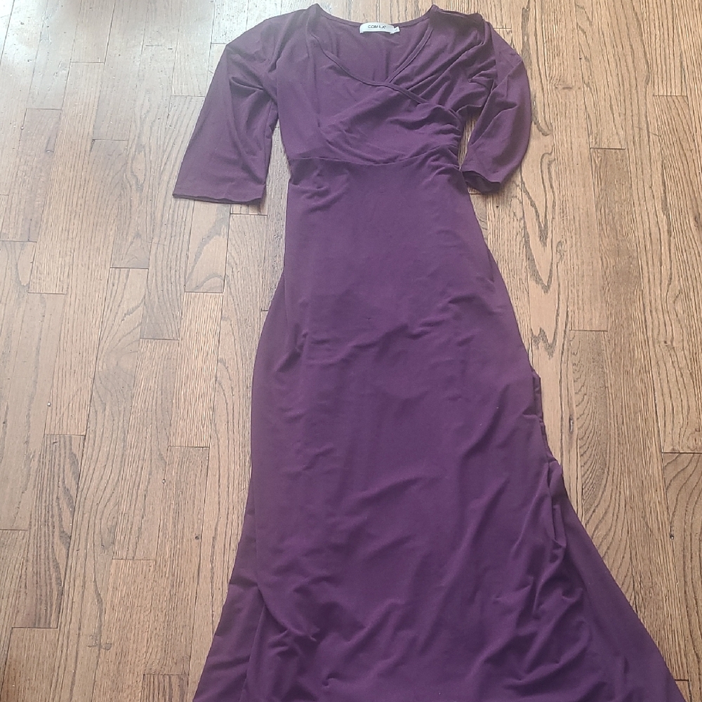 Comila Purple Ruched V-Neck Gown with 3/4 Sleeves
